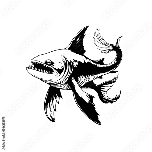 Dramatic black and white shark illustration showcases predatory prowess and artistic skill embodying marine life