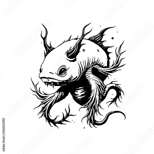 Illustrative representation of a stylized axolotl featuring intricate linework and a surreal aquatic creature design underwater drawing