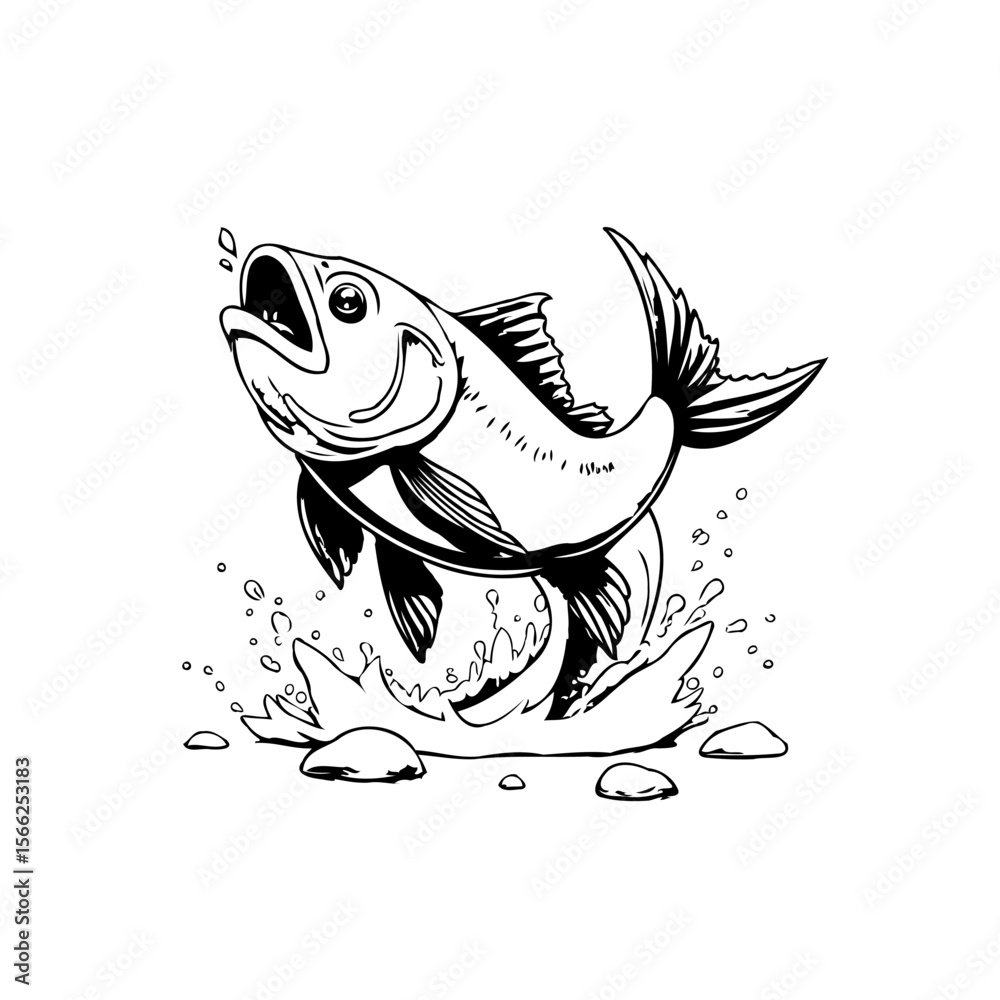 Fototapeta premium Cartoon illustration of a fish jumping out of the water with a cheerful expression artistic representation