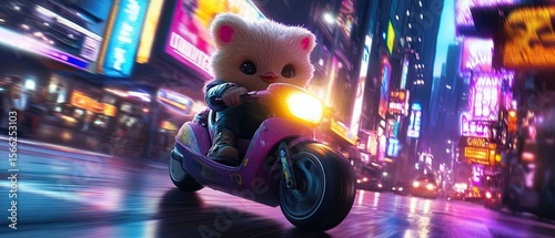 Fluffy animal riding a scooter in a neon city at night