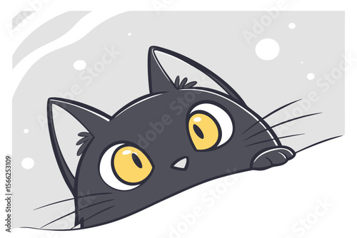 Black cat peeking with big yellow eyes hiding curious