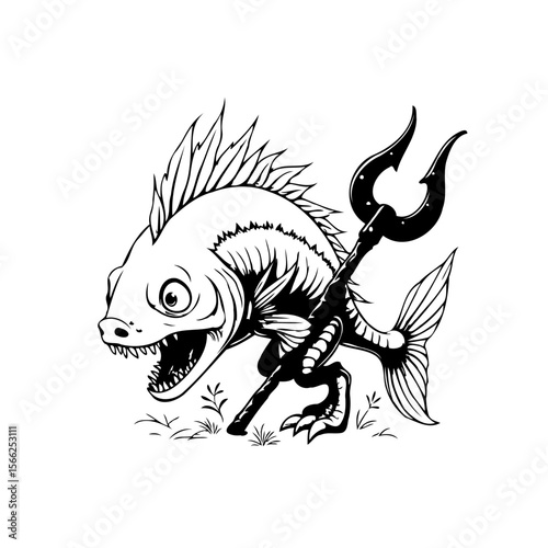 Fearsome fish character wielding a trident underwater fantasy artwork in black and white illustration style