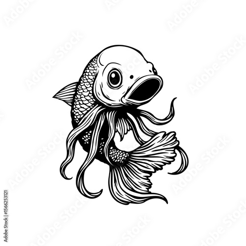 Detailed line drawing of a goldfish with octopus tentacles whimsical fusion of marine life creatures