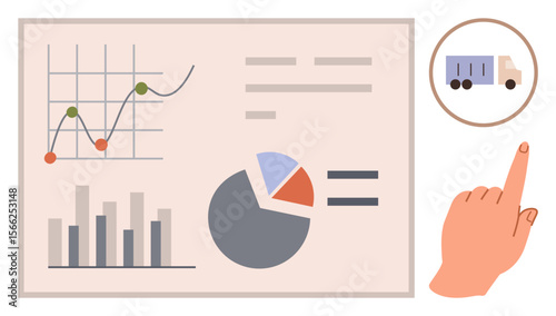 Hand interacts with transportation icon next to analytic graphs, bar chart, pie chart, and line graph. Ideal for business strategy, logistics, financial decisions, market insights, data tracking