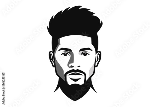 Stylish Men's Hairstyle and Beard Black and White Vector Portrait Illustration