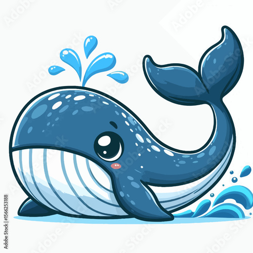 Cartoon whale with splashy water droplets, designed in a playful style.  The whale is presented as a cute, friendly character.