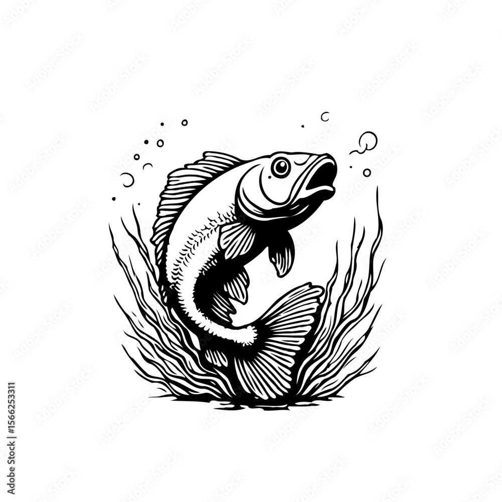 Obraz premium Elegant fish illustration showcasing the beauty of aquatic life with detailed artistic rendering style and bubbles