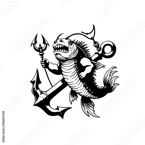 Illustrative portrayal of an anthropomorphic fish character wielding a trident in front of an anchor design
