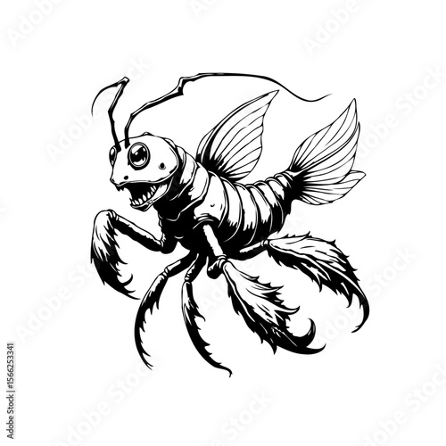 Intricate line art illustration displaying a bizarre insect fish fusion creature with sharp details
