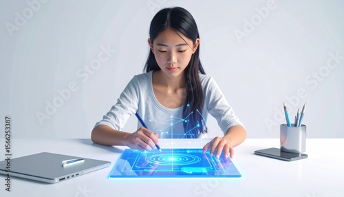 Teenage Girl Focused on Holographic Tablet Screen Writing Notes in Modern Workspace with Light Lighting and Digital Pen