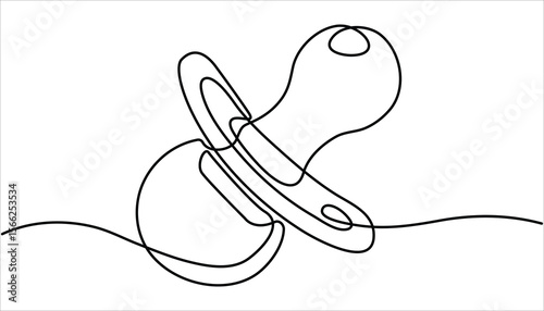 Baby pacifier in continuous one line art style. Continuous one line drawing of baby pacifier, line art style vector illustration. Simple line illustration, Pacifier for baby.