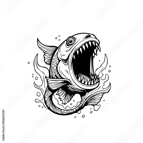 Detailed illustration of a ferocious fish with an open mouth and sharp teeth black and white