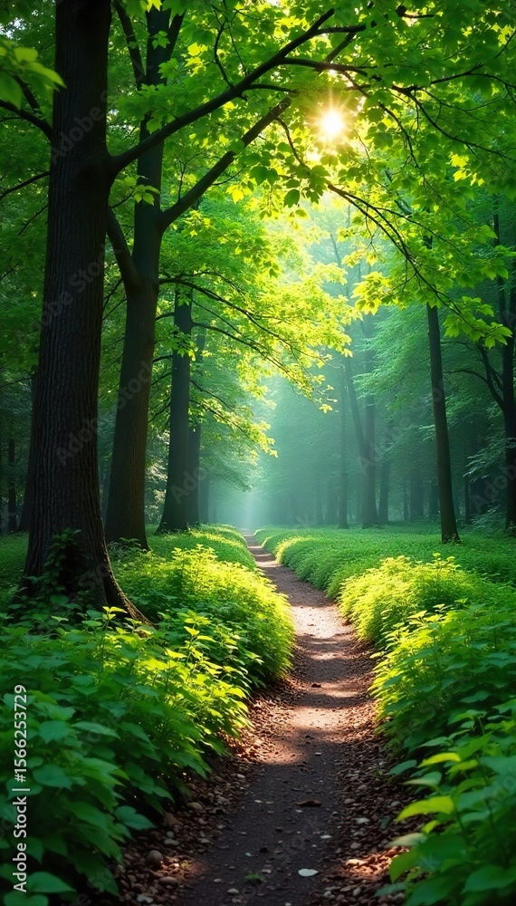 Obraz premium Sun-dappled forest path winding through lush green foliage, dappled sunlight filtering through leaves, summer tranquility Perfect for travel, nature, and summer themes , shadow, sunshine
