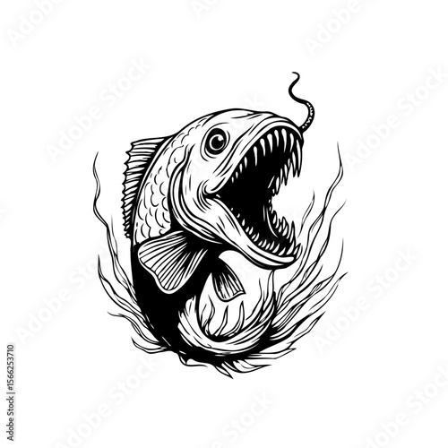 Illustrative depiction of a fearsome fish with sharp teeth predatory aquatic creature on white