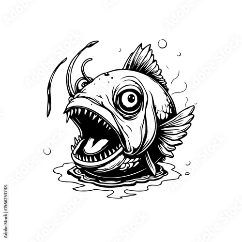 Anglerfish's terrifying expression illustration with sharp teeth and light lure vector graphic design and concept