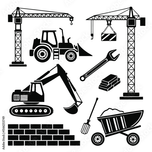 Construction Equipment Icons Cranes, Excavators, Bulldozers, and More