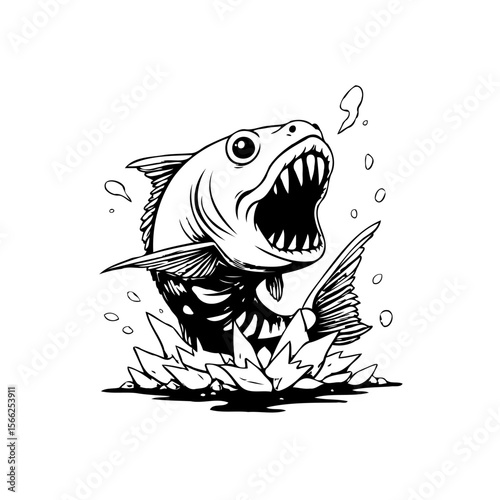 A striking black and white illustration showcasing a predatory fish rising from the water menacingly aggressively viciously dramatically