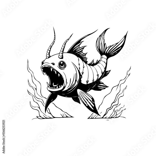 A captivating illustration of a horned fish creature with intricate details and bold lines in black and white