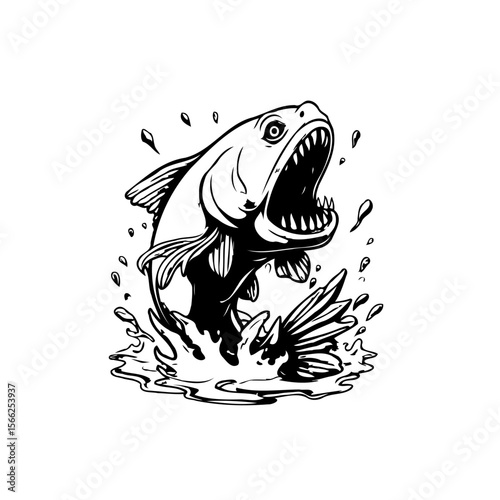A predatory fish leaping from water illustration showcases angling and nature's raw power within fishing sports