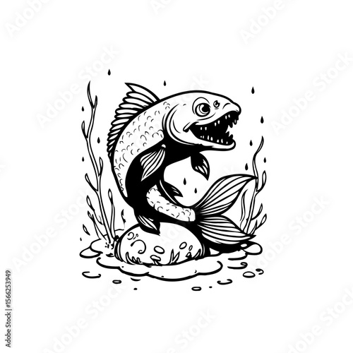 A striking monochrome illustration of a ferocious fish emerging from water creating an artistic design