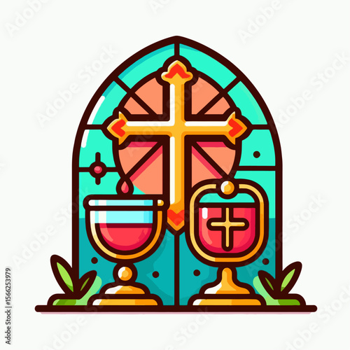 Vibrant, stylized illustration of a stained-glass window, displaying a cross and chalices,  representing religious symbols.