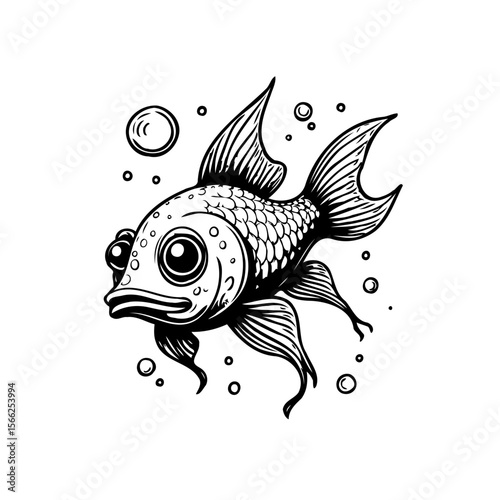 Whimsical goldfish illustration with bubbles black and white drawing aquatic animal in cartoon style design suitable for kids