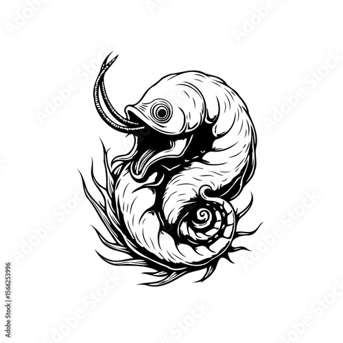 Whimsical sea creature illustration with curling tail creates a captivating monochromatic design and strange underwater world drawing