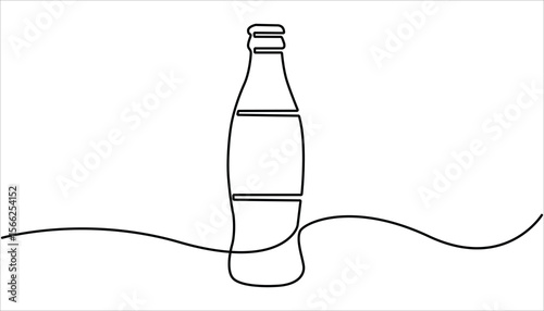 Single continuous line drawing of stylized soft drink on glass bottle logo label. Drink bottle one continuous line illustration. Emblem drink store concept.

