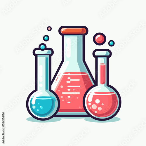 Collection of colorful science lab equipment, including beakers and flasks, depicted in a flat design style.  The containers are filled with colorful liquids and bubbles.
