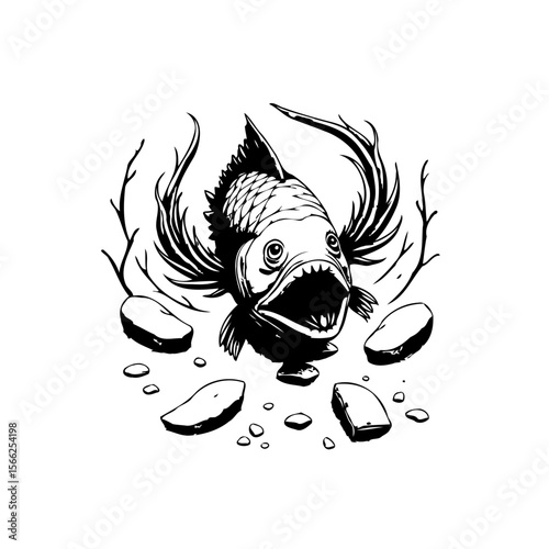 Intricate black and white illustration of an aggressive fish surrounded by rocks and vegetation art