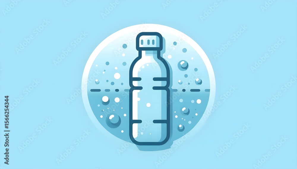 Clean hydration is represented through a flat icon of a water bottle with droplet accents on a soft blue backdrop. Clean hydration is represented through a flat icon of a water bottle with droplet accents on a soft blue backdrop.