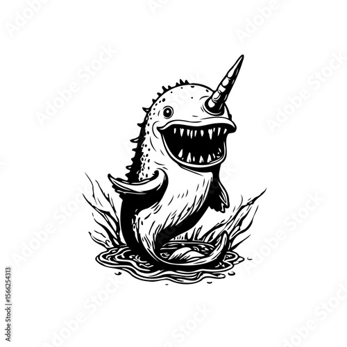 Playful sea creature illustration: A whimsical narwhal with a toothy grin and spiky texture in water