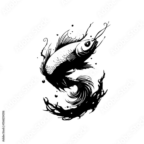 Elegant black and white drawing of a fish surrounded by water, showcasing aquatic grace and intricate details, an artful depiction