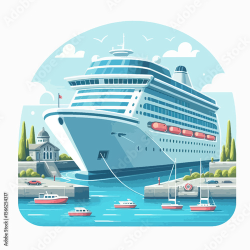 Vibrant artistic representation of a cruise ship at a harbor, with surrounding boats and scenery.