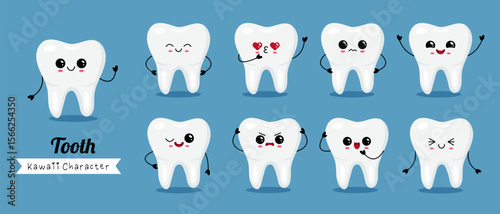 Set of kawaii cartoon teeth with funny expressions