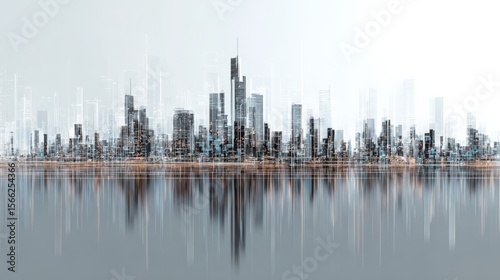 Digital 3D city skyline with data overlays on white background, tech visualization concept