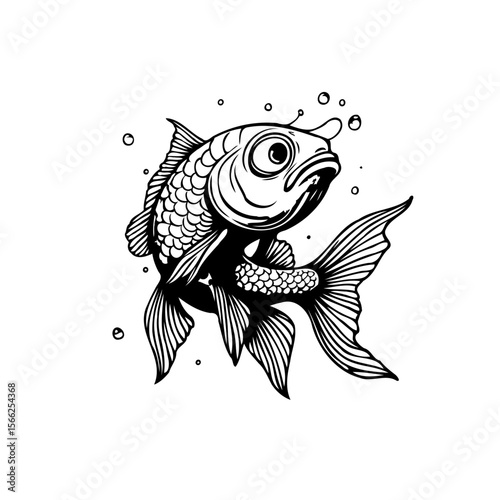 Monochrome depiction of a fancy goldfish swimming gracefully showcasing its elegant fins and rounded body with bubbles