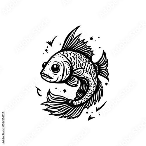 Elegant monochrome fish artwork showcasing intricate details and artistic aquatic illustration, a stunning aquatic design