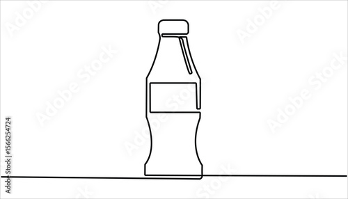 Single continuous line drawing of stylized soft drink on glass bottle logo label. Drink bottle one continuous line illustration. Emblem drink store concept.

