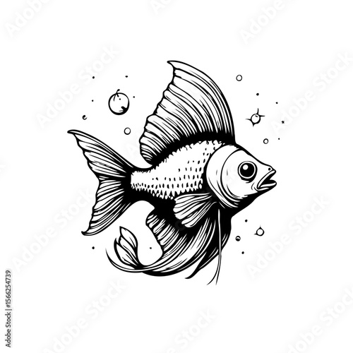 Elegant hand drawn illustration of a fish swimming gracefully with artistic design and details artful style