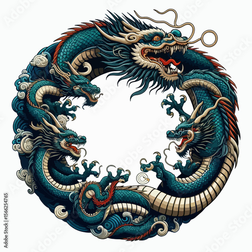 Vibrant, circular graphic design featuring multiple dragons entwined in a decorative frame, creating a powerful symbol of mythology and fantasy.