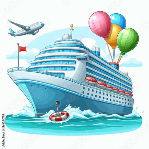 Playful illustration of a cruise ship sailing through the ocean, with decorations like balloons and a plane in the background, designed in a cartoonish style.