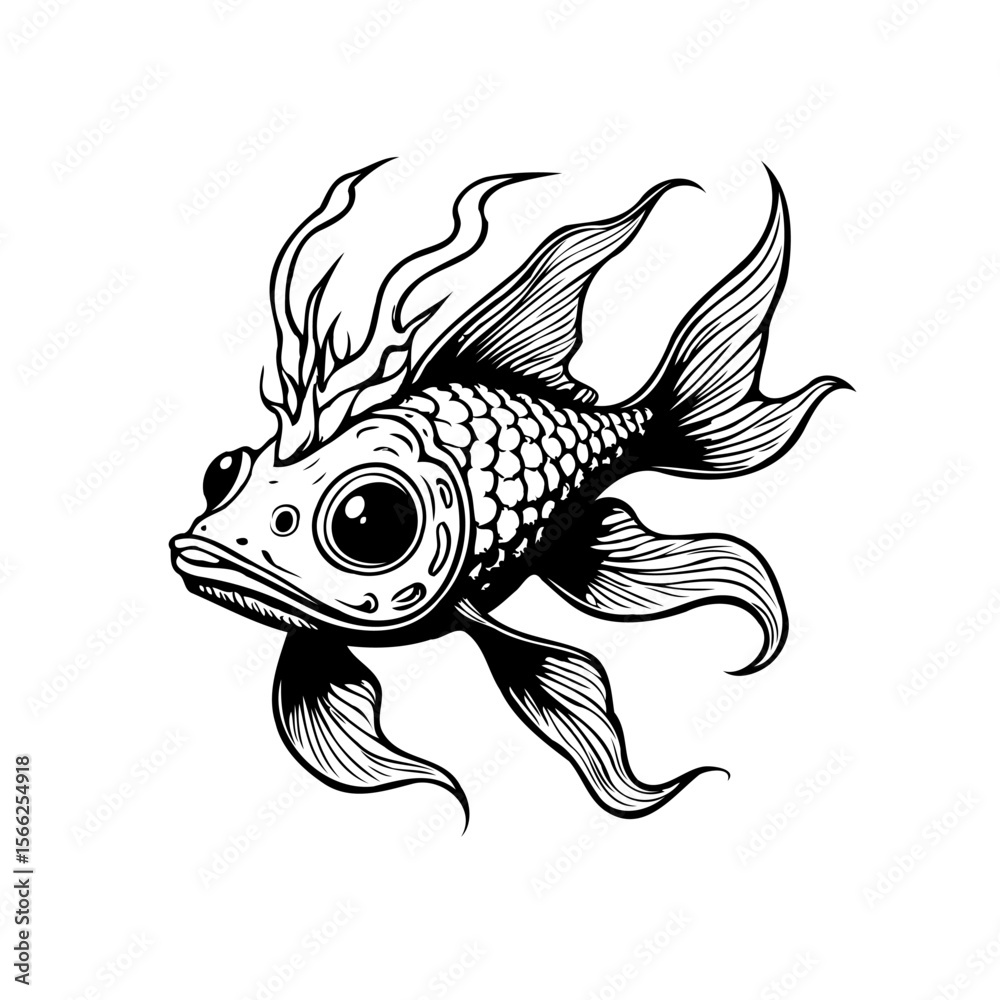 Fototapeta premium Detailed monochrome illustration of a whimsical and ornate goldfish with intricate fins and scales in black and white