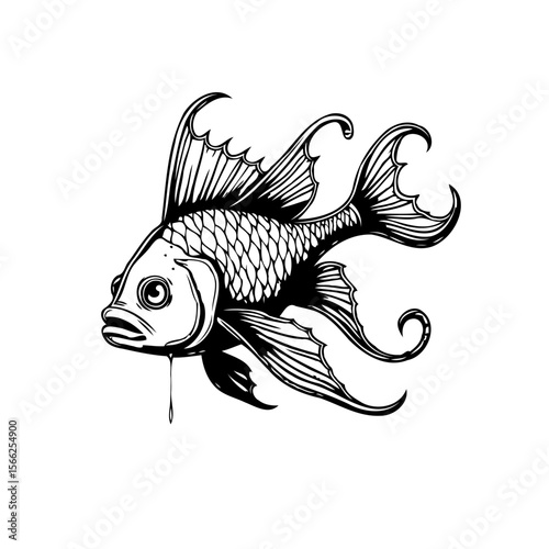 Elegant black and white drawing of a fancy goldfish with elaborate fins and scales looks artistic