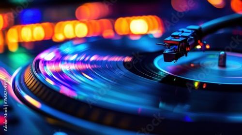 Spinning vinyl record in a vibrant nightlife environment