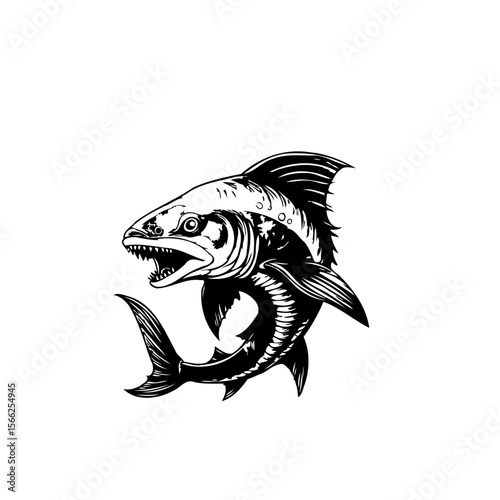 A captivating monochrome vintage illustration showcasing a predatory fish with sharp teeth swimming gracefully in water