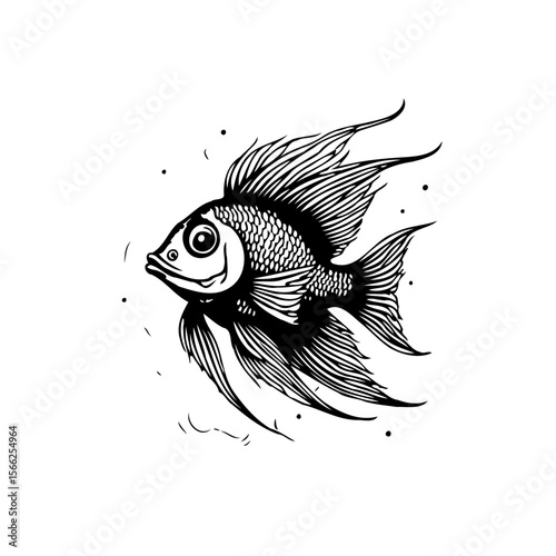 Detailed monochrome illustration featuring a fancy fish with flowing fins on a pristine white backdrop it's aquatic elegance