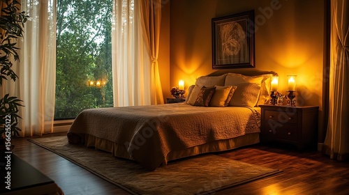 Bedroom interior with warm light and peaceful ambiance