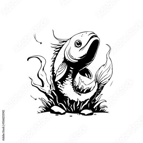 Illustrative depiction of a fish gracefully leaping, emphasizing the fish's dynamic form with artistic flair and bold black lines