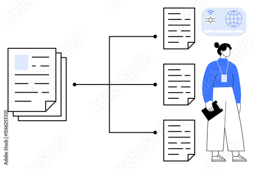 Person managing document connectivity diagram with multiple linked files and wireless. Ideal for workflow, organization, networking, process, management, digital storage, simple flat metaphor
